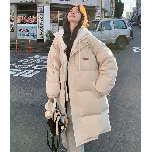 College style fake two-piece hooded mid-length down jacket for women thickened 2024 winter new style bread jacket trendy