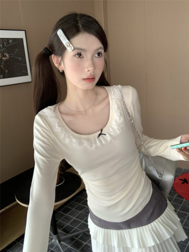 Real shot ~ Early autumn French lace bow T-shirt women's short design long-sleeved top