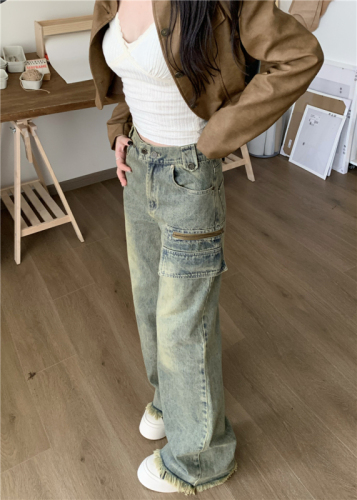 Real shot!  Retro distressed washed straight jeans women's design slimming high street loose floor mopping pants