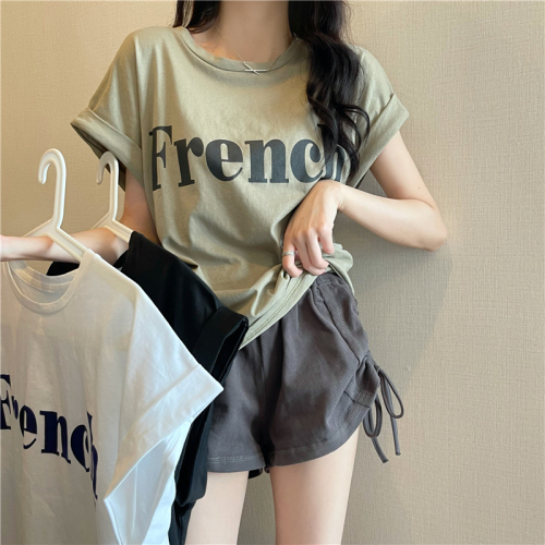 Ins slimming rolled edge dropped shoulder design T-shirt for women
