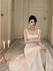 Vest artistic suspender dress women's waist slimming wide shoulder straps slit mid-length seaside beach dress