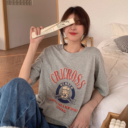 Pure cotton American retro T-shirt for women in spring and summer loose and versatile casual round neck top