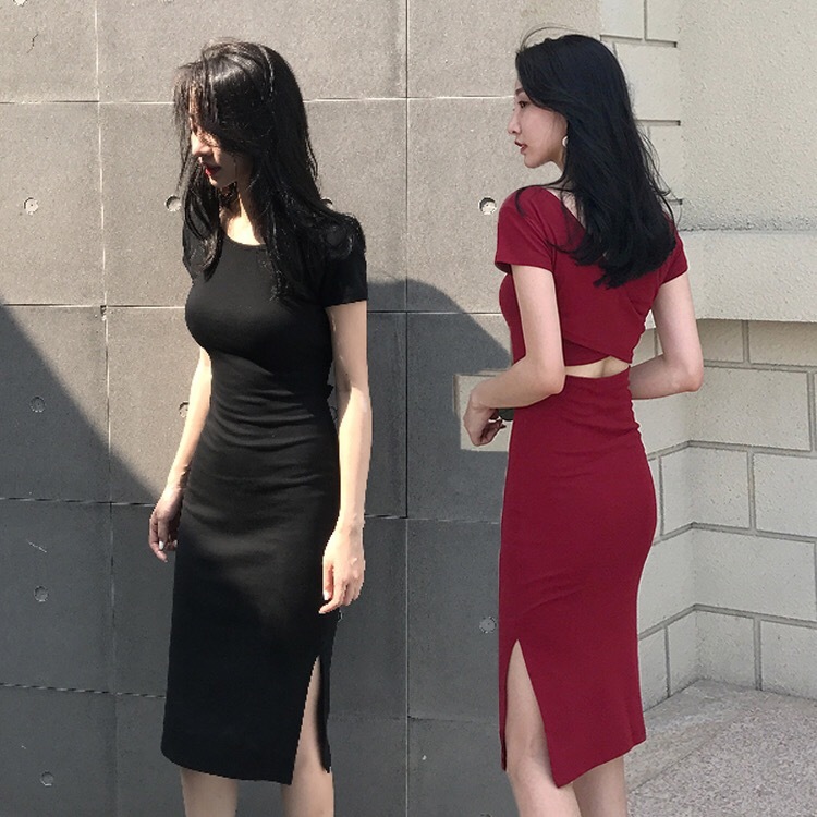 Summer new chic style small sexy cross backless mid-length slim dress