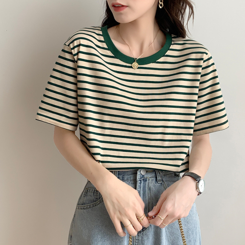 Retro Striped Short Sleeve T-Shirt Women's Summer 2024 New Contrast Color Stitching Versatile Round Neck Top