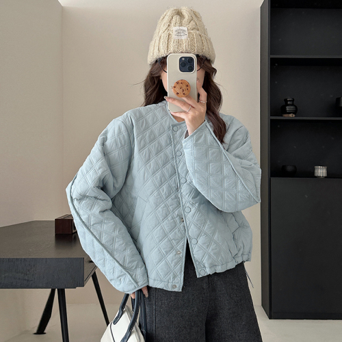 Puff rhombus down jacket autumn and winter 2024 short style small fashion thin cotton clothespin cotton loose jacket for women