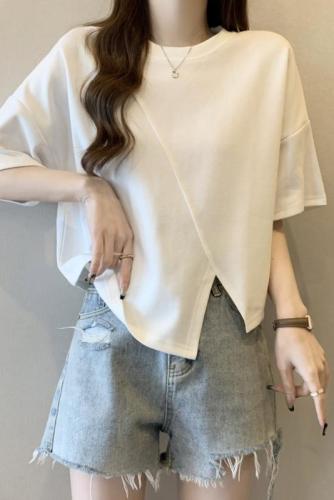 Pure cotton short-sleeved T-shirt for women summer 2024 Korean style new design slit solid color versatile top