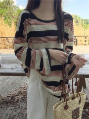 Real shot, real contrast striped texture long-sleeved sunscreen slimming T-shirt top for women