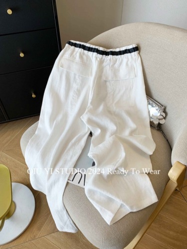 High-end women's clothing!  Old money style white cotton and linen drawstring elastic waist wide leg 2024 summer high waist casual pants