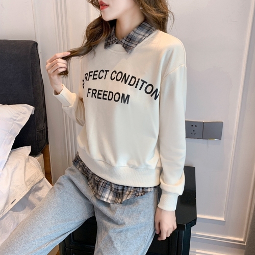 Actual shot of early autumn new classic versatile letter print splicing comfortable pullover fake two-piece sweatshirt for women loose