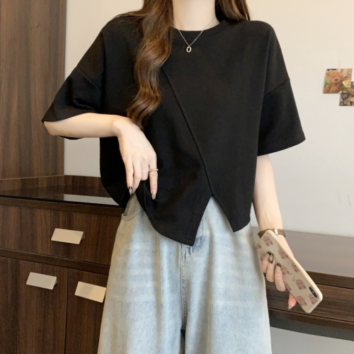 Pure cotton short-sleeved T-shirt for women summer 2024 Korean style new design slit solid color versatile top