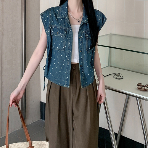 Real shot of flying sleeve denim shirt women's summer sleeveless top high-end 2024 new short jacket