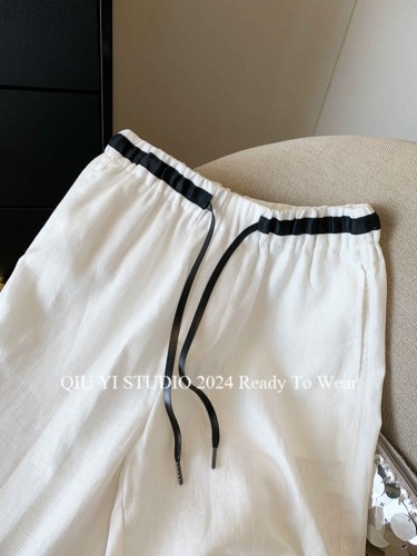 High-end women's clothing!  Old money style white cotton and linen drawstring elastic waist wide leg 2024 summer high waist casual pants