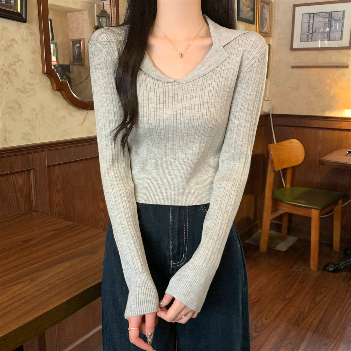 Actual shot of 2024 early autumn Korean style temperament suit collar versatile 6 wool sweater long-sleeved top for women