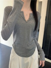 Real shot, real autumn new design button V-neck slim long-sleeved T-shirt top for women