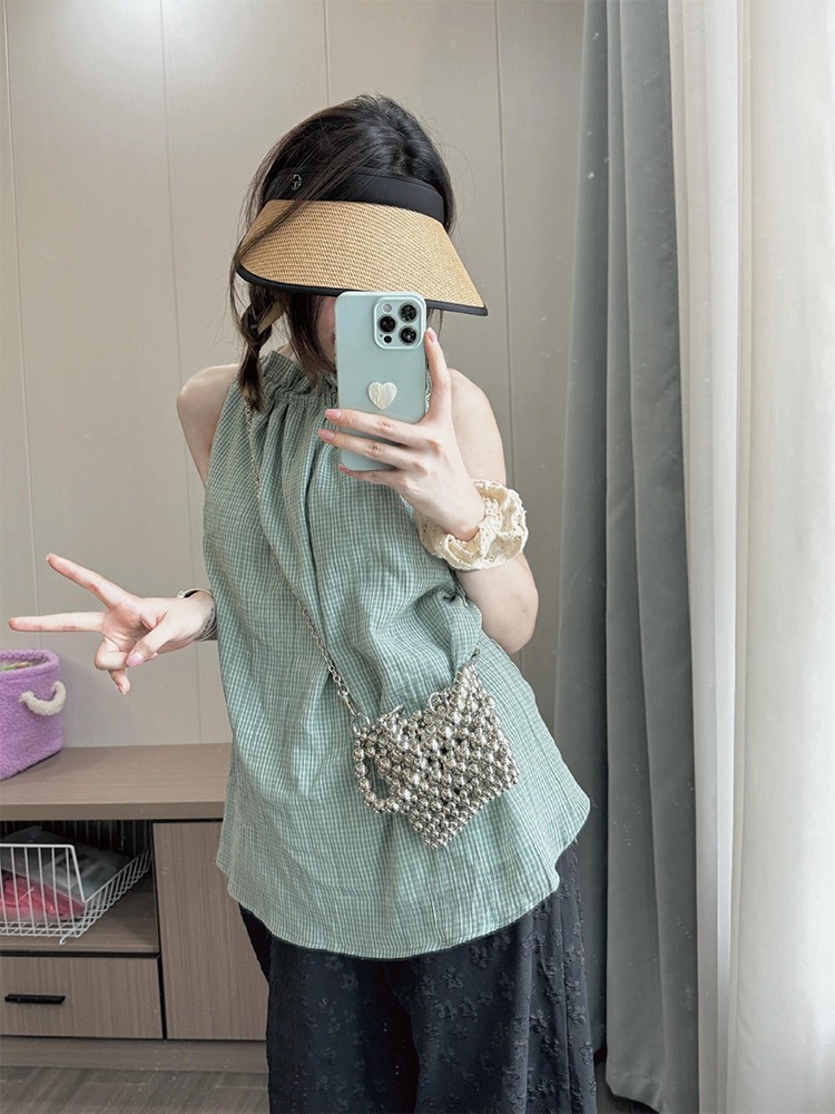 Halterneck lace-up green plaid vest for women summer versatile loose A-line casual sleeveless top