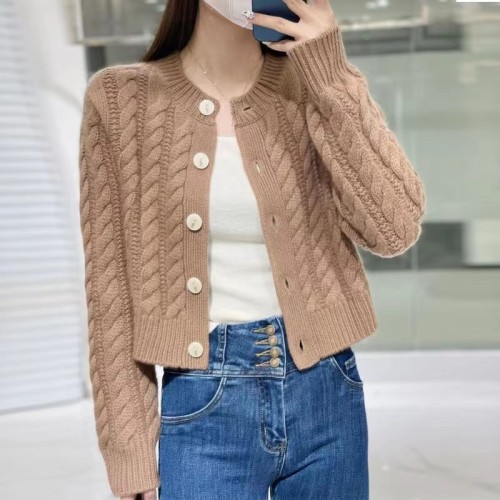 Women's Short-Sleeve Wool Cardigan with twisted pattern, pure color single-breasted button, versatile new autumn outerwear sweater