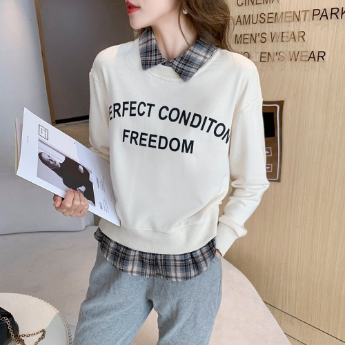 Actual shot of early autumn new classic versatile letter print splicing comfortable pullover fake two-piece sweatshirt for women loose