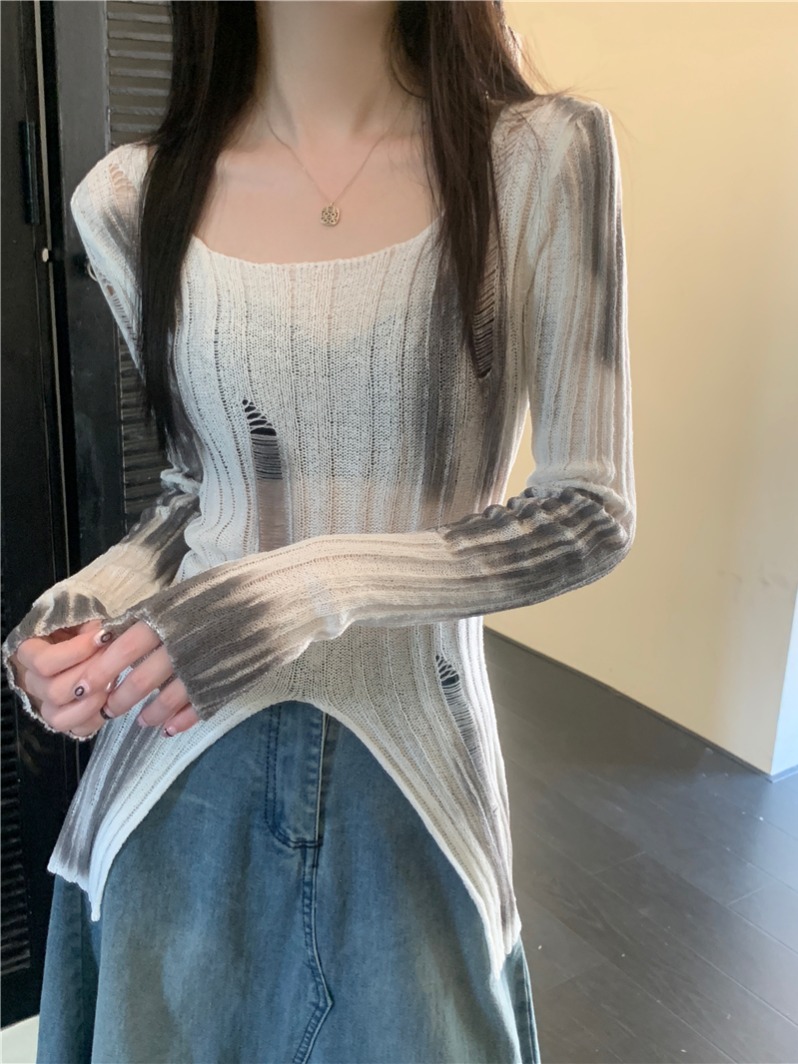 Photographed Real Early Autumn New Color-blocking Laced Long-sleeved Knit Top