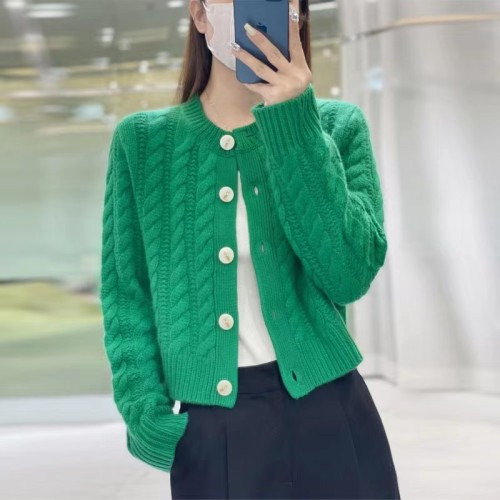 Women's Short-Sleeve Wool Cardigan with twisted pattern, pure color single-breasted button, versatile new autumn outerwear sweater