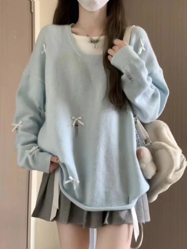 Milk blue soft waxy sweater for women, early autumn design, lazy style, loose and sweet sweater, trendy autumn and winter top