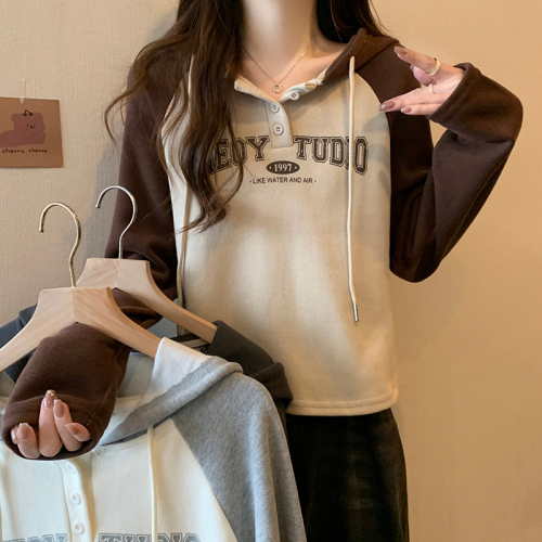 Actual shot of new long-sleeved T-shirt sweatshirt for women, autumn and winter short Korean style hooded slimming bottoming shirt for women