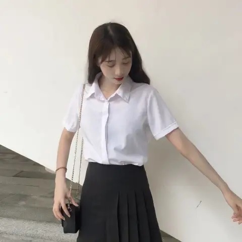 Basic square collar JK uniform versatile shirt summer college style white short-sleeved student shirt tops for women