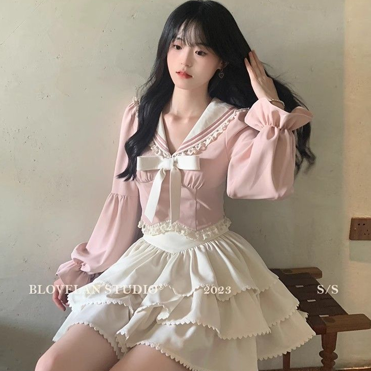 小個子蝴蝶結新款長袖襯衫+顯瘦蓬蓬裙套裙