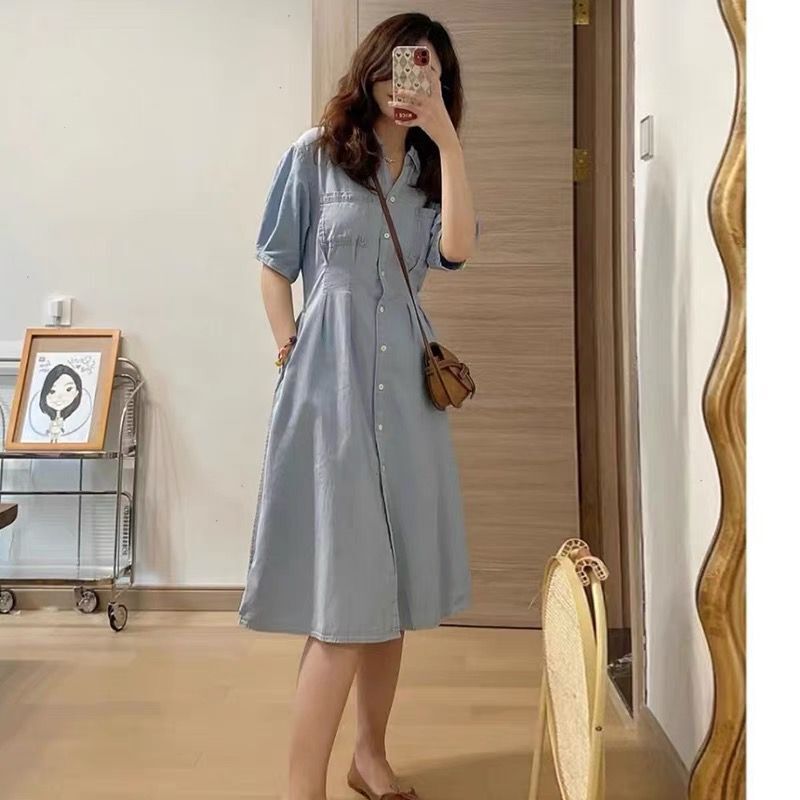 French tea break waist long skirt, high-end temperament, retro puff sleeve polo dress, women's summer denim skirt