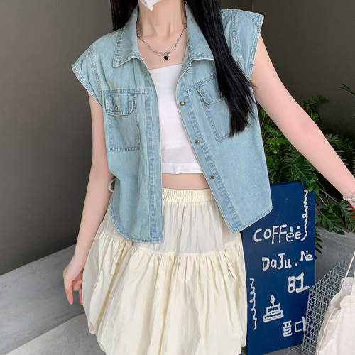 Real shot of flying sleeve denim shirt women's summer sleeveless top high-end 2024 new short jacket