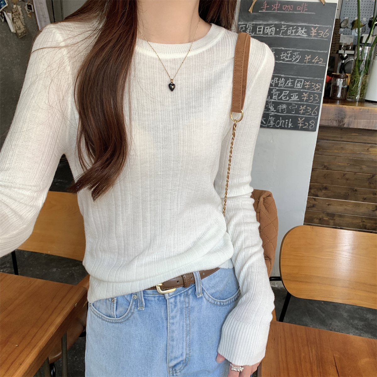 Actual shot of early autumn Korean style round neck temperament pit solid color versatile 6 wool lazy sweater long-sleeved top