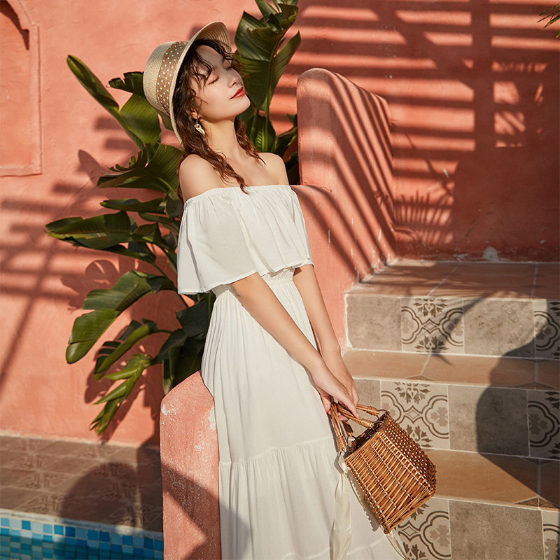 Beach dress, one shoulder, two wear neckline, sexy slimming backless long seaside vacation dress, super cute
