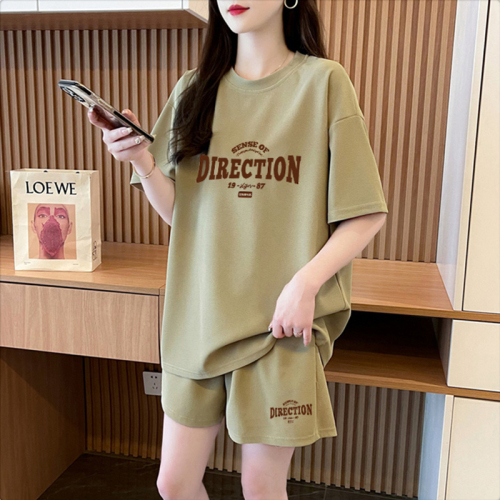 Official picture of pure cotton 2024 summer casual sportswear short-sleeved T-shirt shorts suit for women two-piece set