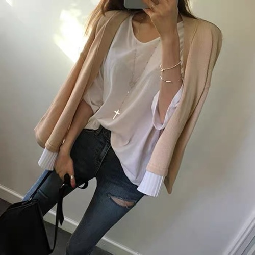 South Korea Dongdaemun Women's Clothing 2024 Spring and Autumn New Korean Style Casual Loose Splicing Ruffled Edge Knitted Cardigan