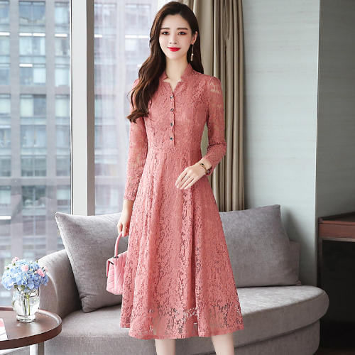 Actual shot of new autumn clothing, lace slimming temperament, women's solid color long-sleeved plus size dress, mother's long dress