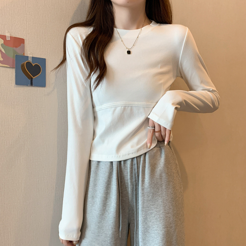 Real shot Korean style right shoulder round neck long sleeve T-shirt for women spring and autumn design fishbone line versatile bottoming inner top