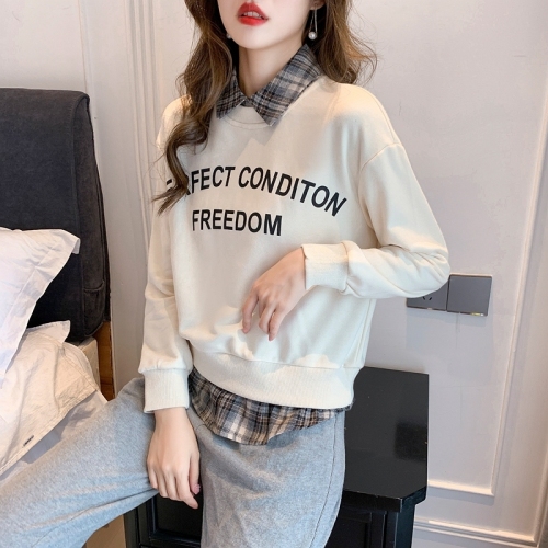 Actual shot of early autumn new classic versatile letter print splicing comfortable pullover fake two-piece sweatshirt for women loose