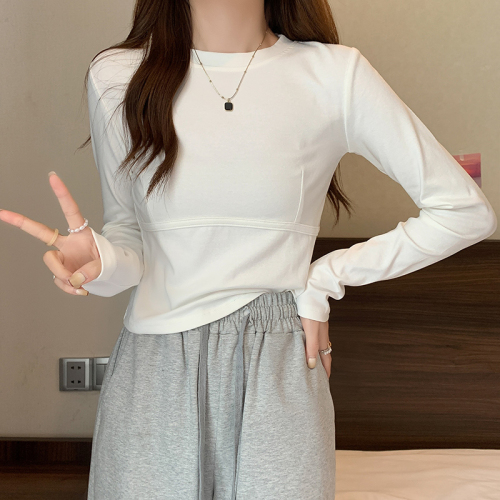 Real shot Korean style right shoulder round neck long sleeve T-shirt for women spring and autumn design fishbone line versatile bottoming inner top