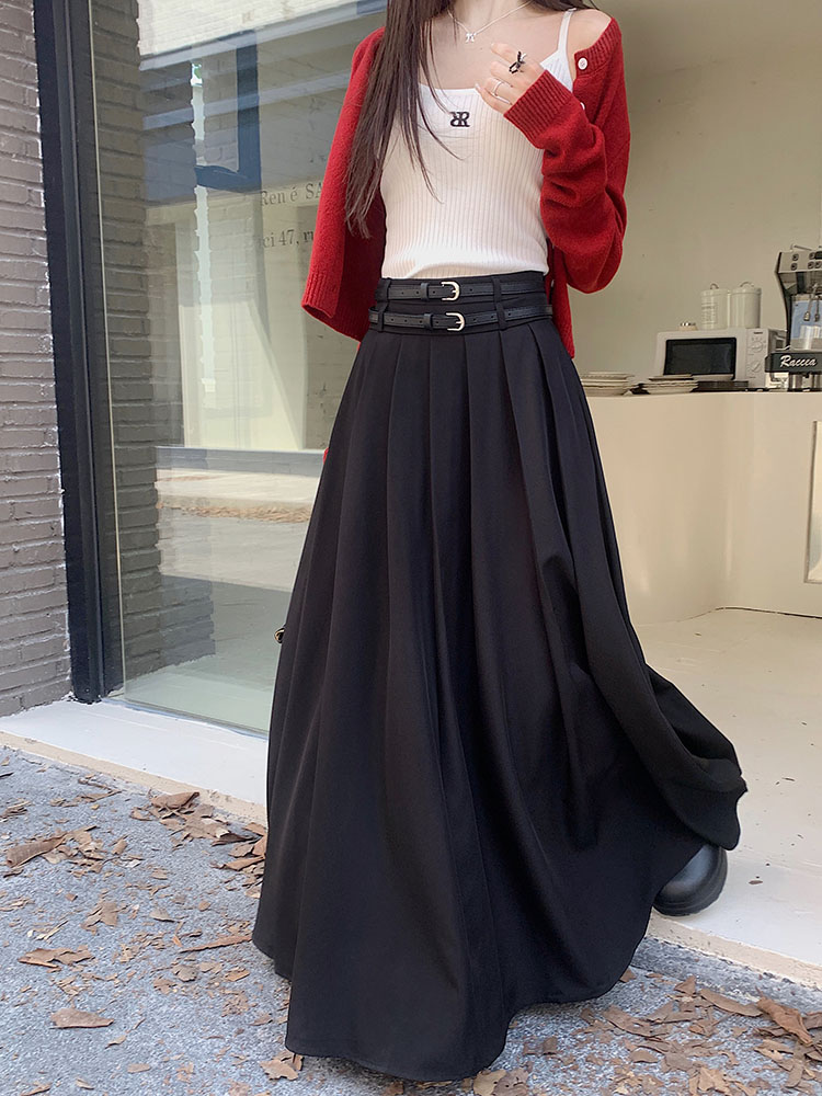 Actual shot ~ 2024 new Korean style drape pleated skirt oversized suit half length skirt for women with belt