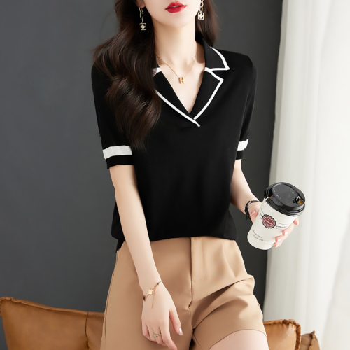 Short-sleeved t-shirt women's summer new style polo shirt thin ice silk t-shirt women's knitted top