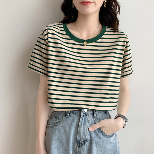 Retro Striped Short Sleeve T-Shirt Women's Summer 2024 New Contrast Color Stitching Versatile Round Neck Top