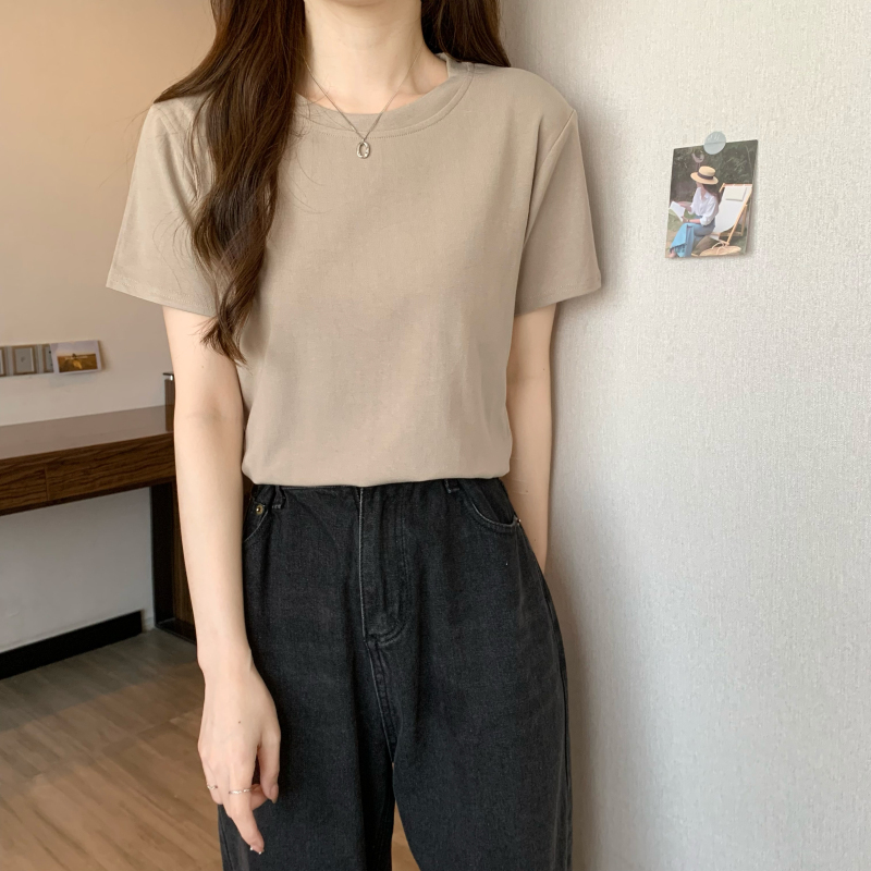 Korean style summer simple solid color right shoulder short sleeve round neck versatile T-shirt top