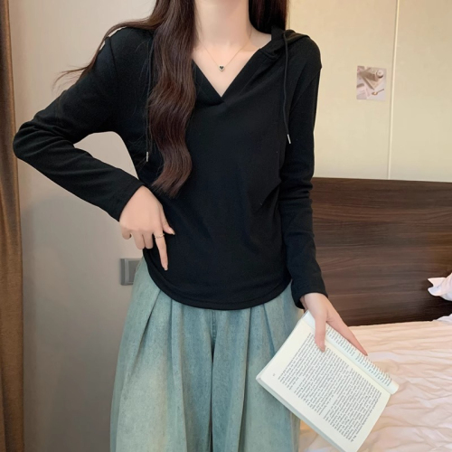 Women's hooded long-sleeved T-shirt, women's autumn and winter inner wear, irregular V-neck bottoming shirt, belly-covering slimming top