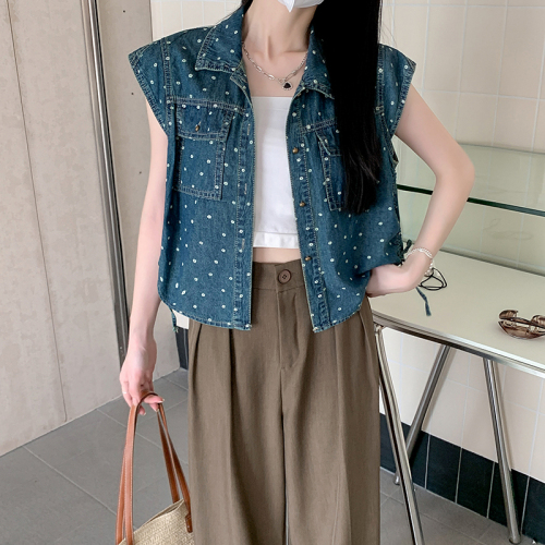 Real shot of flying sleeve denim shirt women's summer sleeveless top high-end 2024 new short jacket