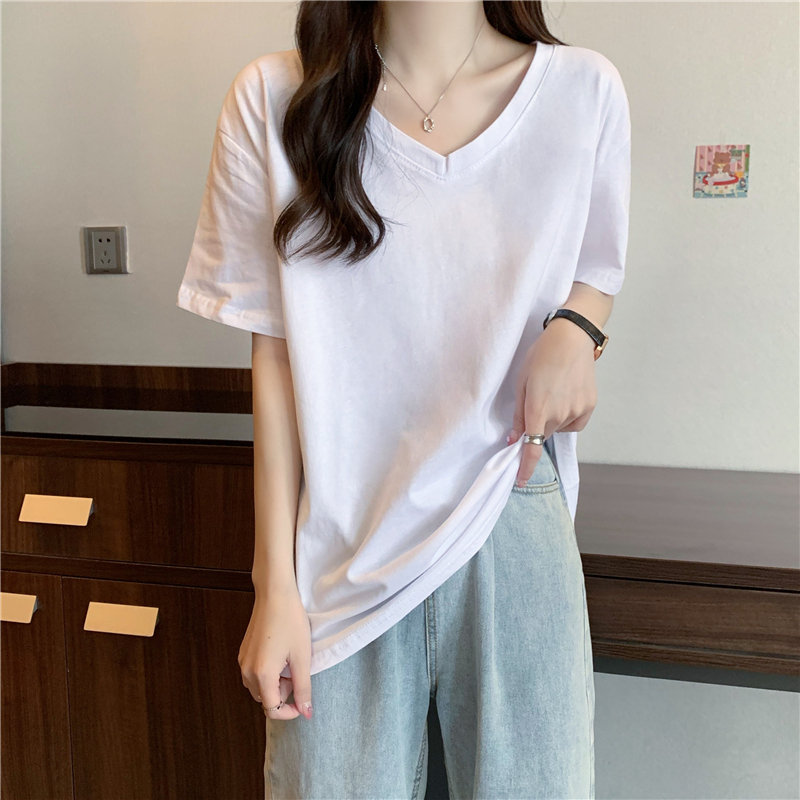 Summer new mid-length pure white T-shirt loose short-sleeved V-neck bottoming shirt thin top for women