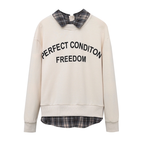 Actual shot of early autumn new classic versatile letter print splicing comfortable pullover fake two-piece sweatshirt for women loose