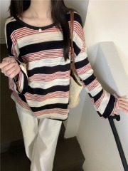 Real shot, real contrast striped textured long-sleeved sunscreen slimming T-shirt top