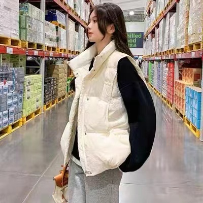 Women's vest Korean style loose 2024 new autumn and winter white thickened down jacket cotton vest outer wear fashionable stand collar