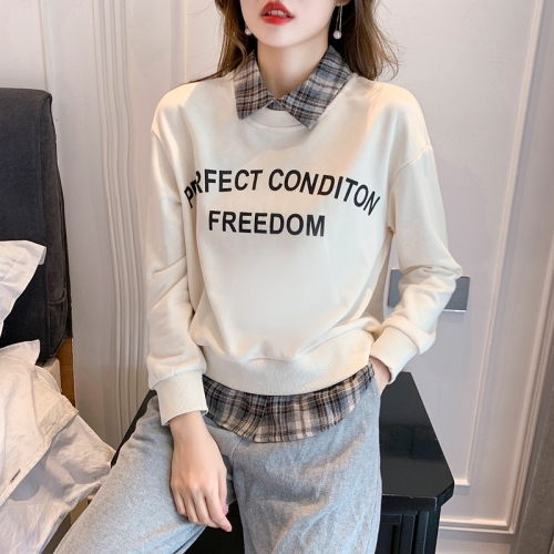 Actual shot of early autumn new classic versatile letter print splicing comfortable pullover fake two-piece sweatshirt for women loose