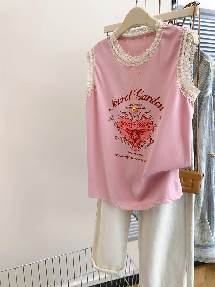 Pink lace love sleeveless t-shirt for women summer 2024 new style right shoulder design waistcoat vest top