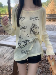 Real shot, real lazy cartoon print thin long-sleeved T-shirt loose sun protection blouse top